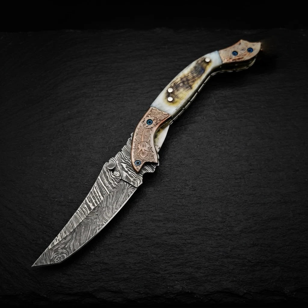 Bighorn sheep horn tanto folding knife with Damascus steel blade – photo 3