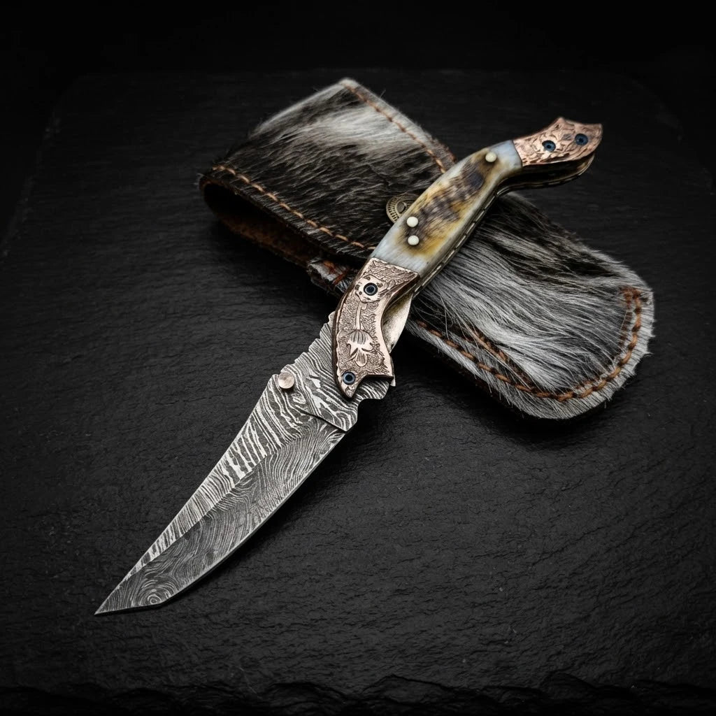Bighorn sheep horn tanto folding knife with Damascus steel blade – photo 4