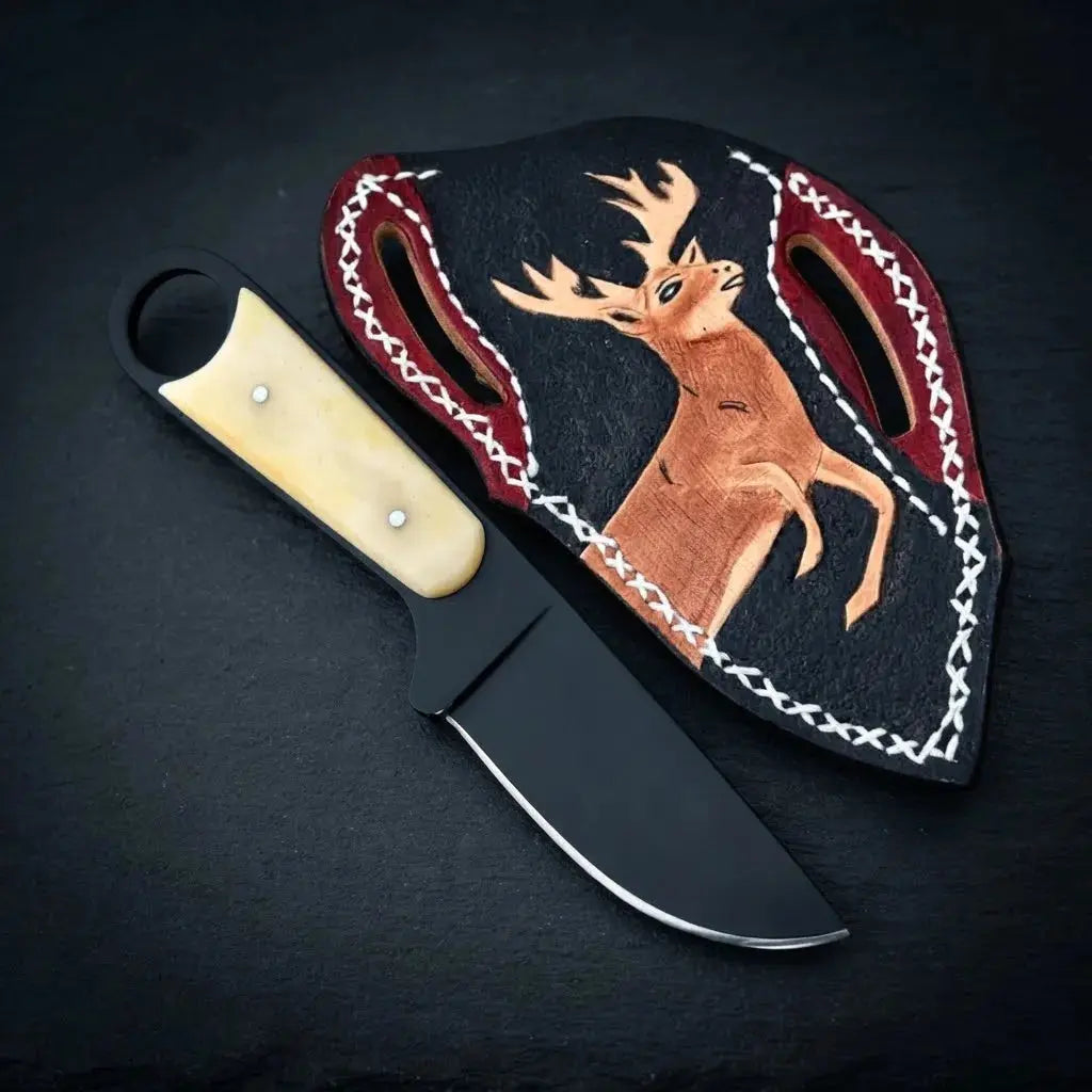 Black coated 1095 high carbon skinner blade with bone handle, 8 inch fixed blade