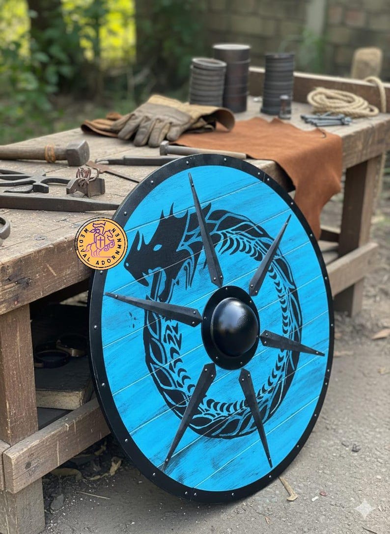 Blue Dragon Viking Shield, medieval LARP cosplay shield – hand-painted blue dragon artwork