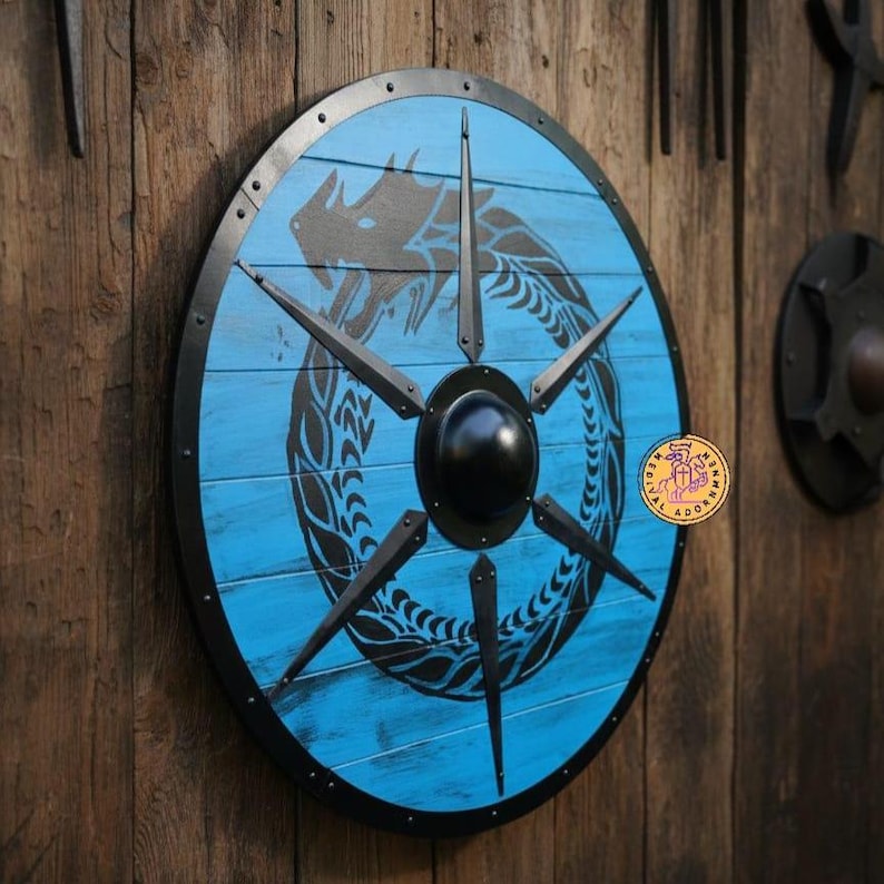 Blue Dragon Viking Shield, medieval LARP cosplay shield – adjustable leather straps
