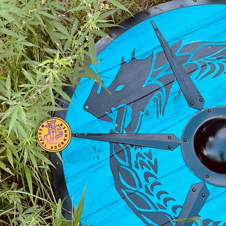 Blue Dragon Viking Shield, medieval LARP cosplay shield – sealed protective wood finish