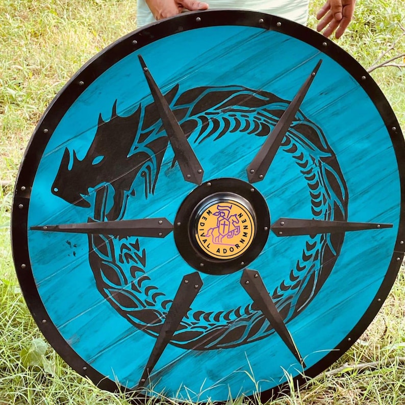 Blue Dragon Viking Shield, medieval LARP cosplay shield – hand-painted blue dragon artwork