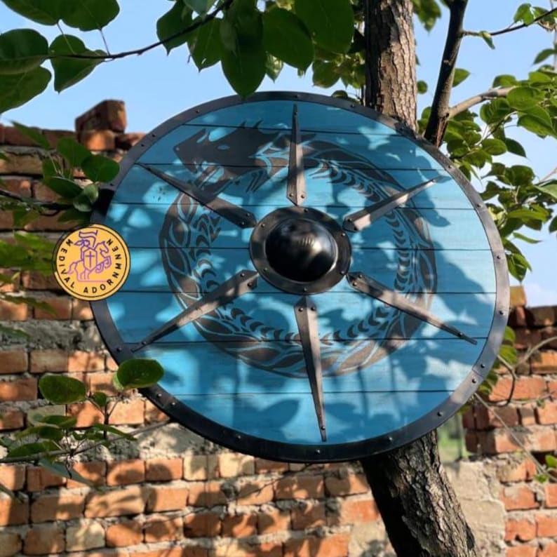 Blue Dragon Viking Shield, medieval LARP cosplay shield – hand-painted blue dragon artwork