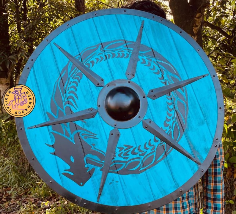 Blue Dragon Viking Shield, medieval LARP cosplay shield – adjustable leather straps