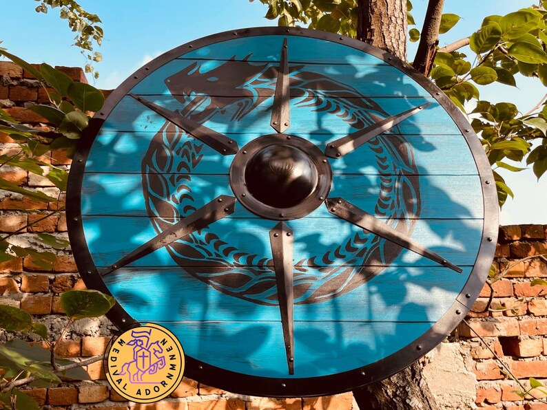 Blue Dragon Viking Shield, medieval LARP cosplay shield – sealed protective wood finish
