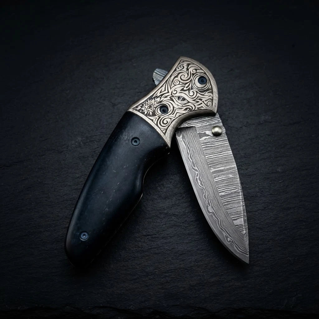Blue turquoise camel bone Damascus folding knife – photo 1
