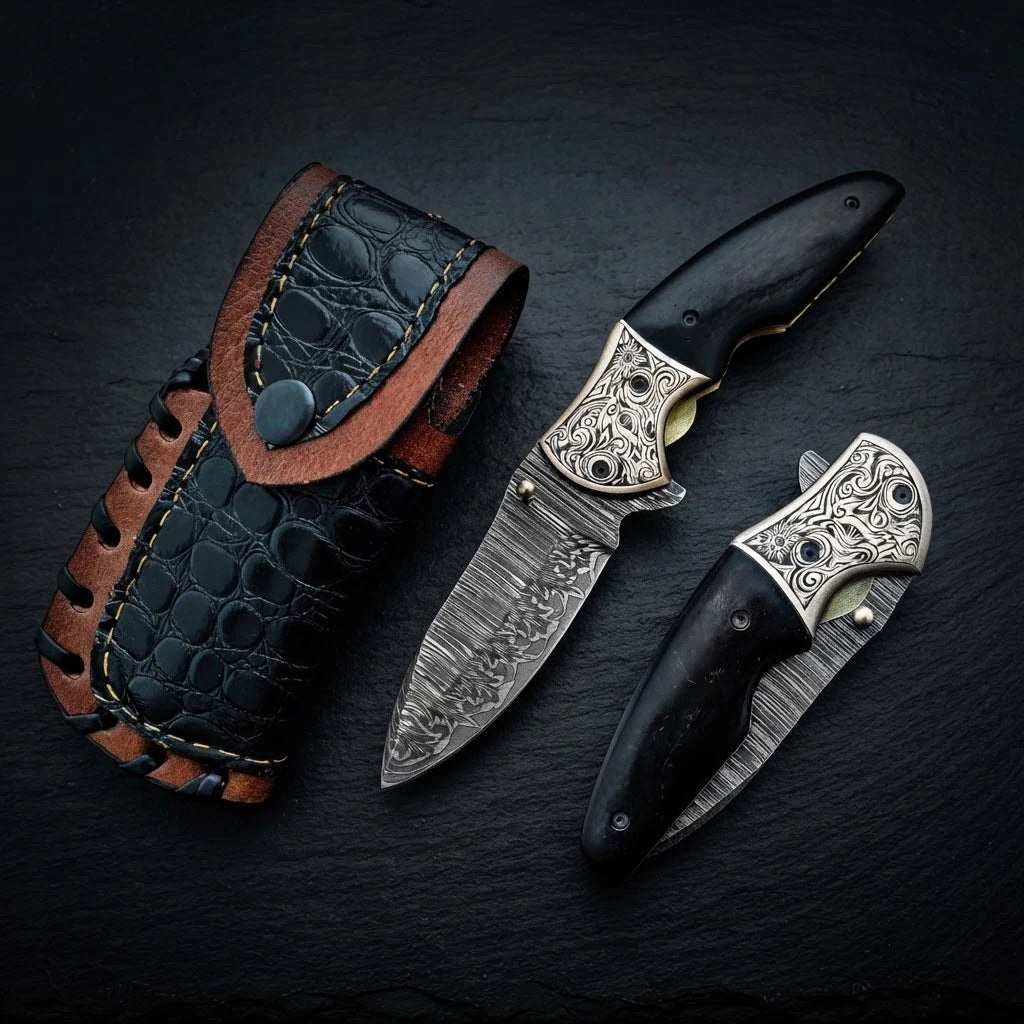 Blue turquoise camel bone Damascus folding knife – photo 2