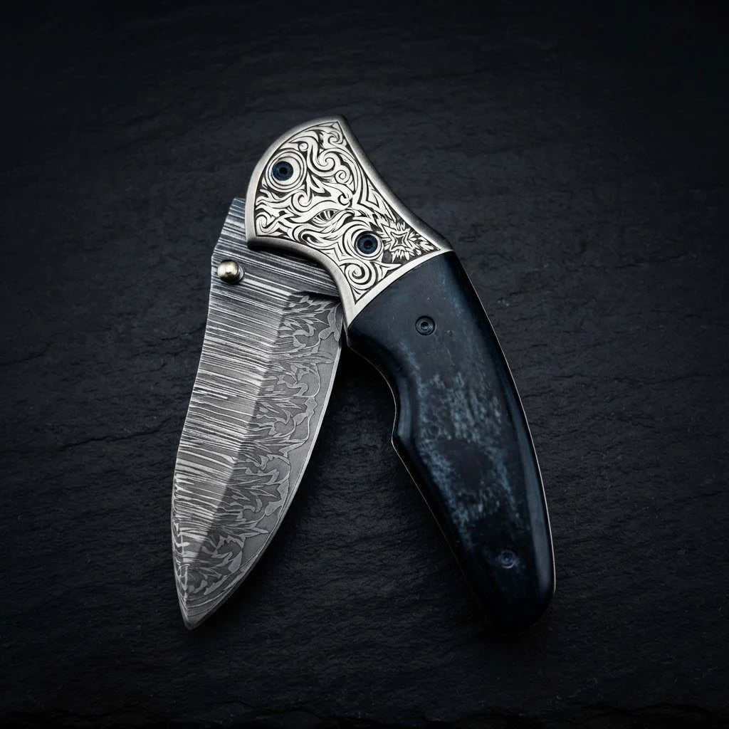 Blue turquoise camel bone Damascus folding knife – photo 3