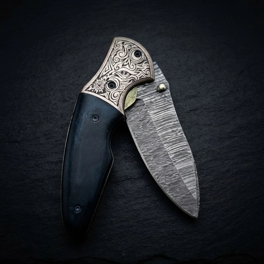 Blue turquoise camel bone Damascus folding knife – photo 4