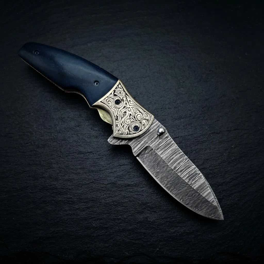 Blue turquoise camel bone Damascus folding knife – photo 5