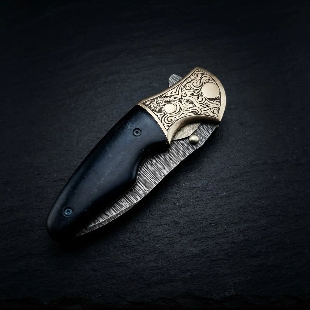 Blue turquoise camel bone Damascus folding knife – photo 7