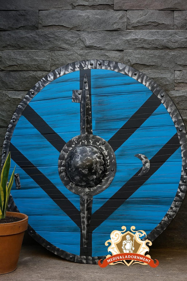 Blue Wooden Viking Shield, Norse round wall decor
