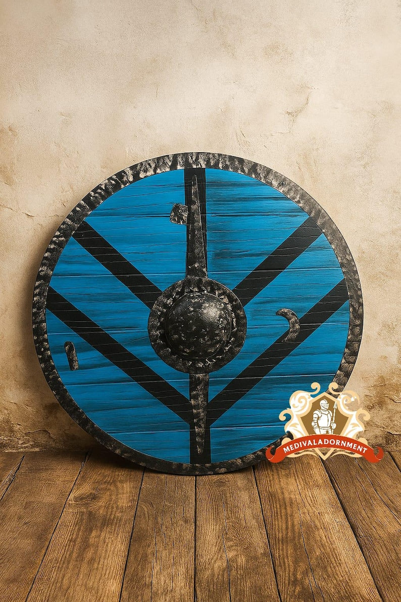 Blue Wooden Viking Shield, Norse round wall decor – bold blue finish with antiqued metal detailing