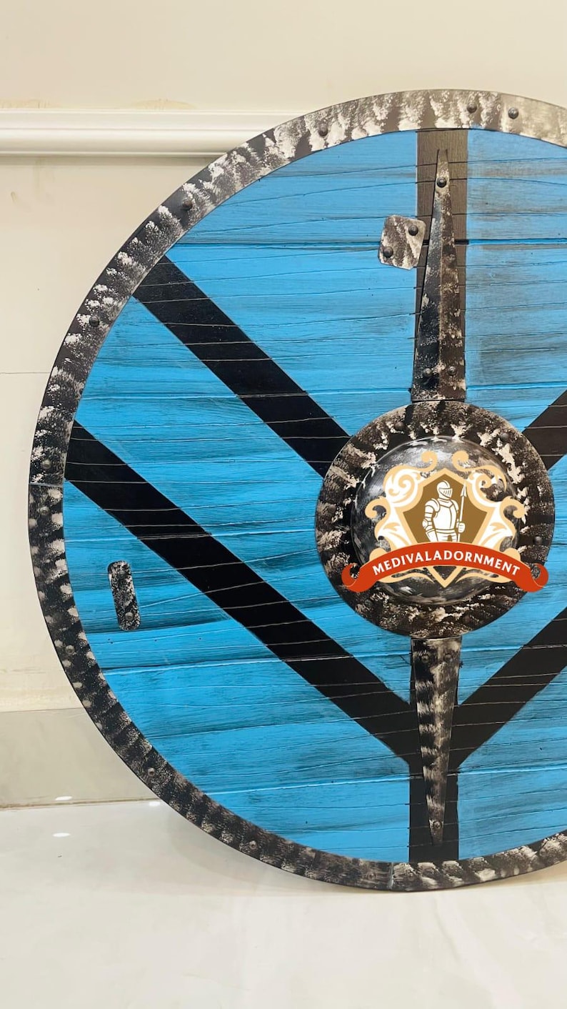 Blue Wooden Viking Shield, Norse round wall decor – domed steel center boss