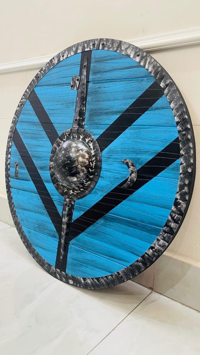 Blue Wooden Viking Shield, Norse round wall decor – rugged metal outer rim