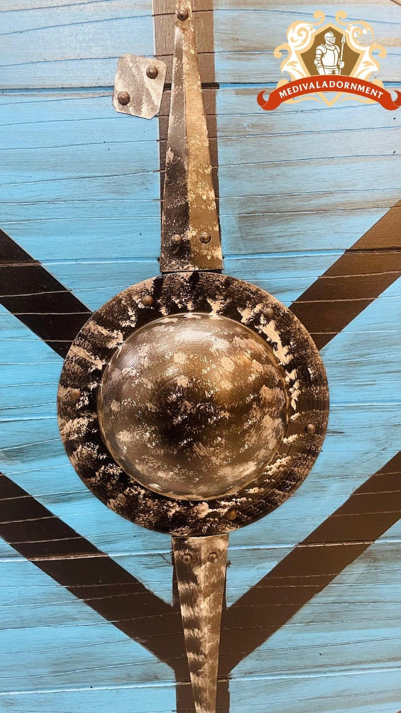 Blue Wooden Viking Shield, Norse round wall decor – bold blue finish with antiqued metal detailing