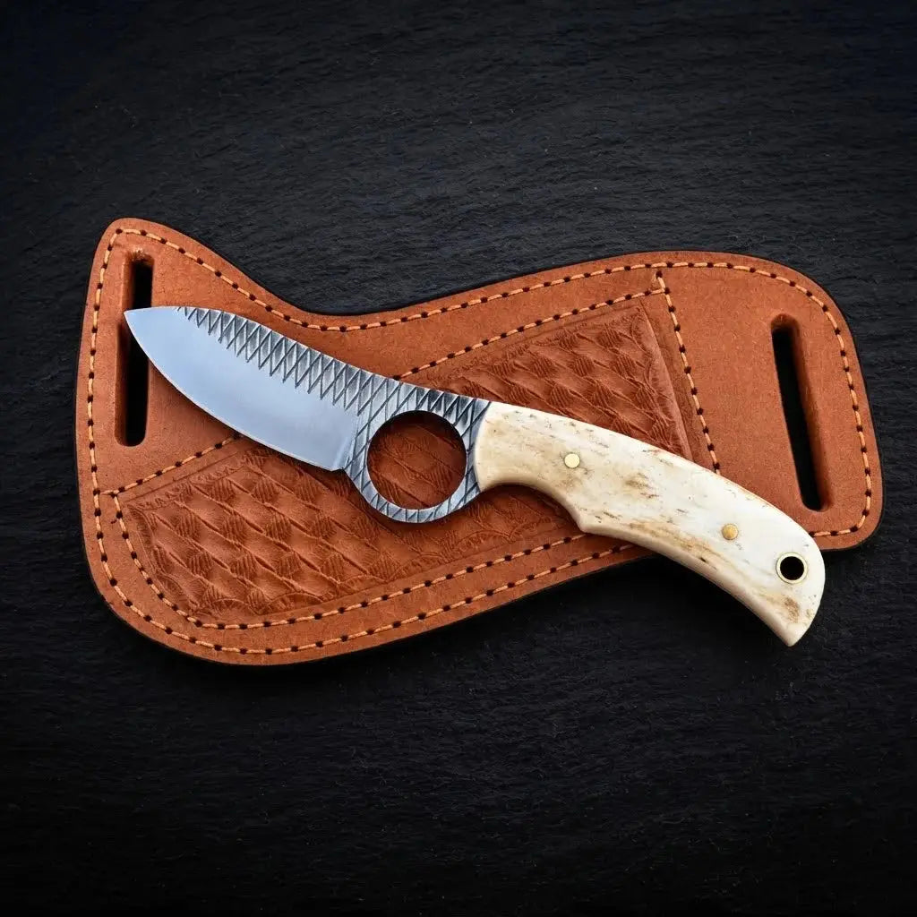 Close-up of the Bonecrest bone handle and rasp steel blade