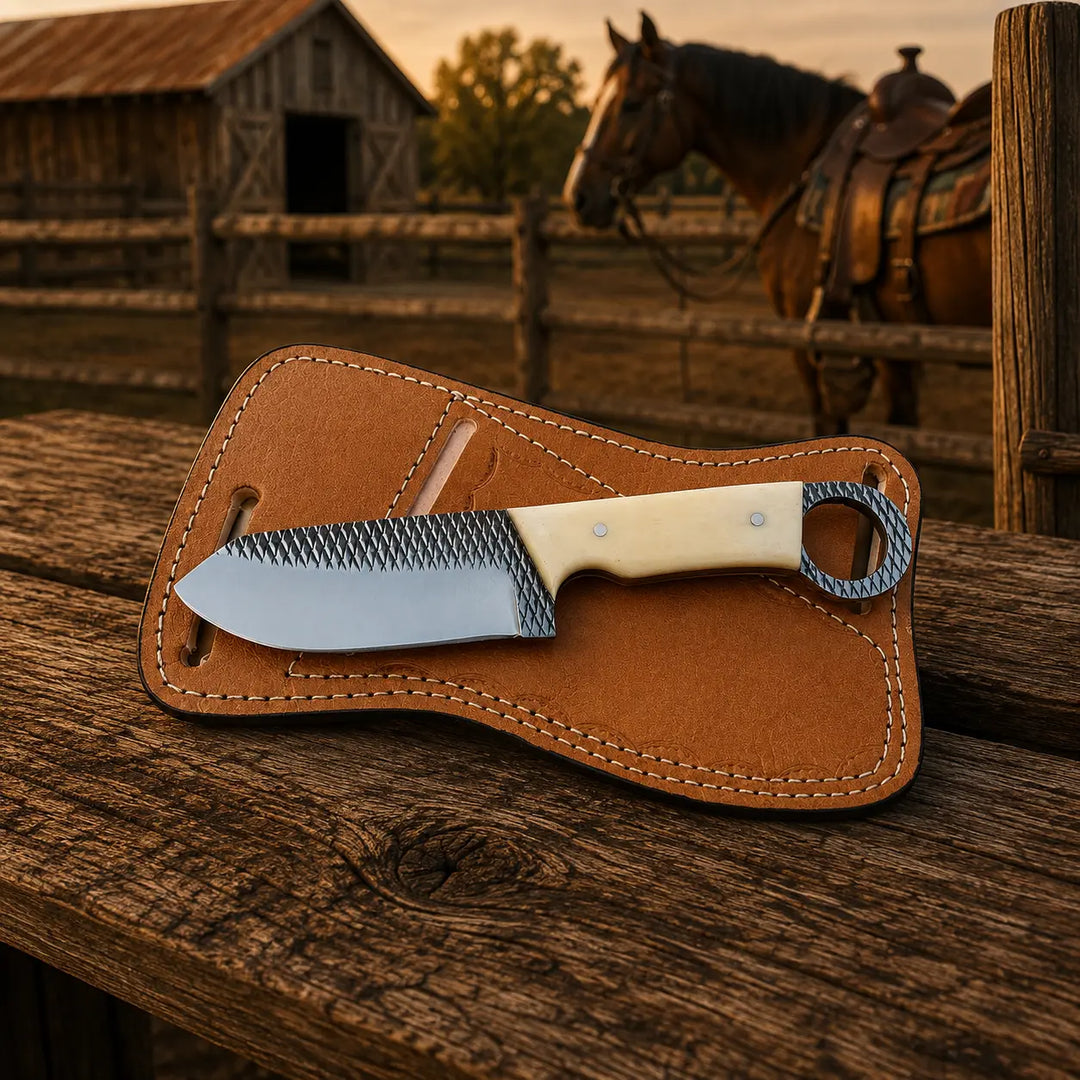 Bonehart Rasp Steel Skinner Knife – Bone Handle & Leather Sheath