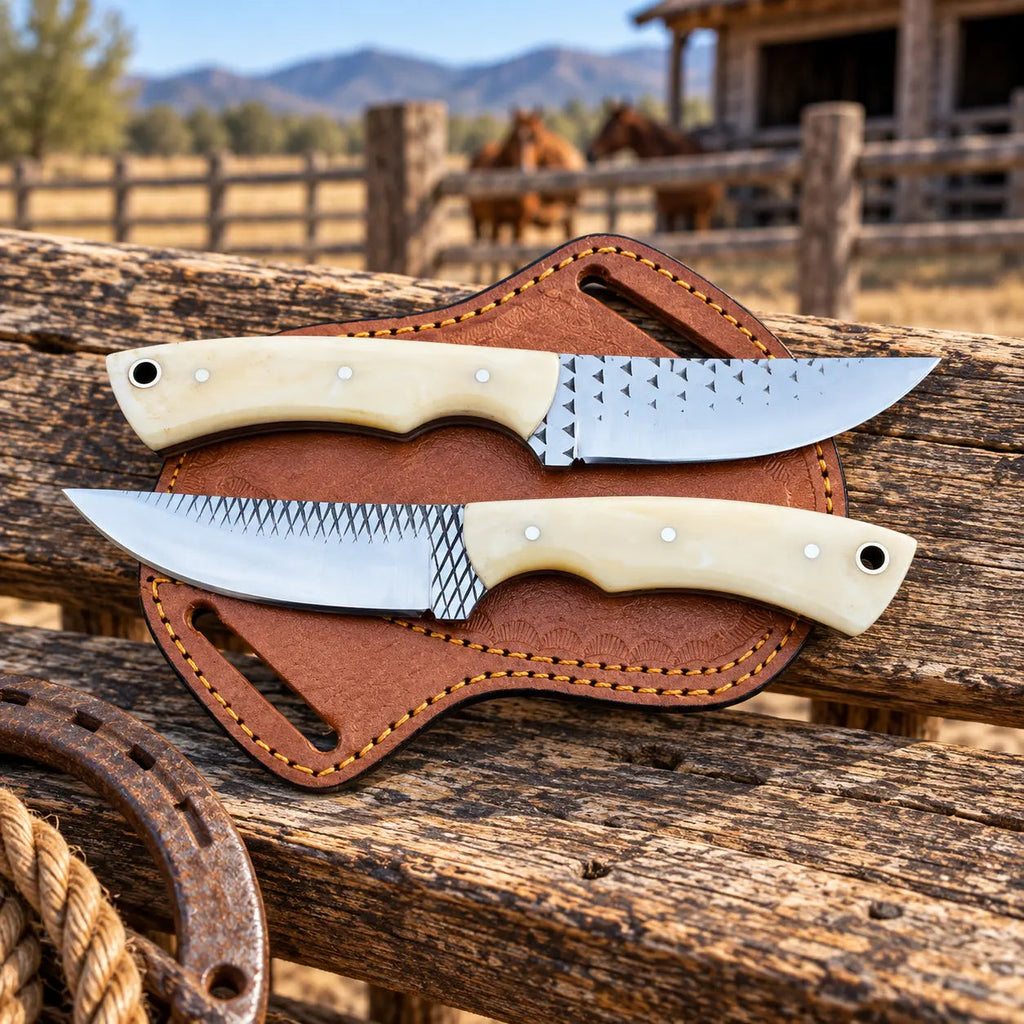 Bonehart Rasp Steel Skinner Knife – Bone Handle & Leather Sheath