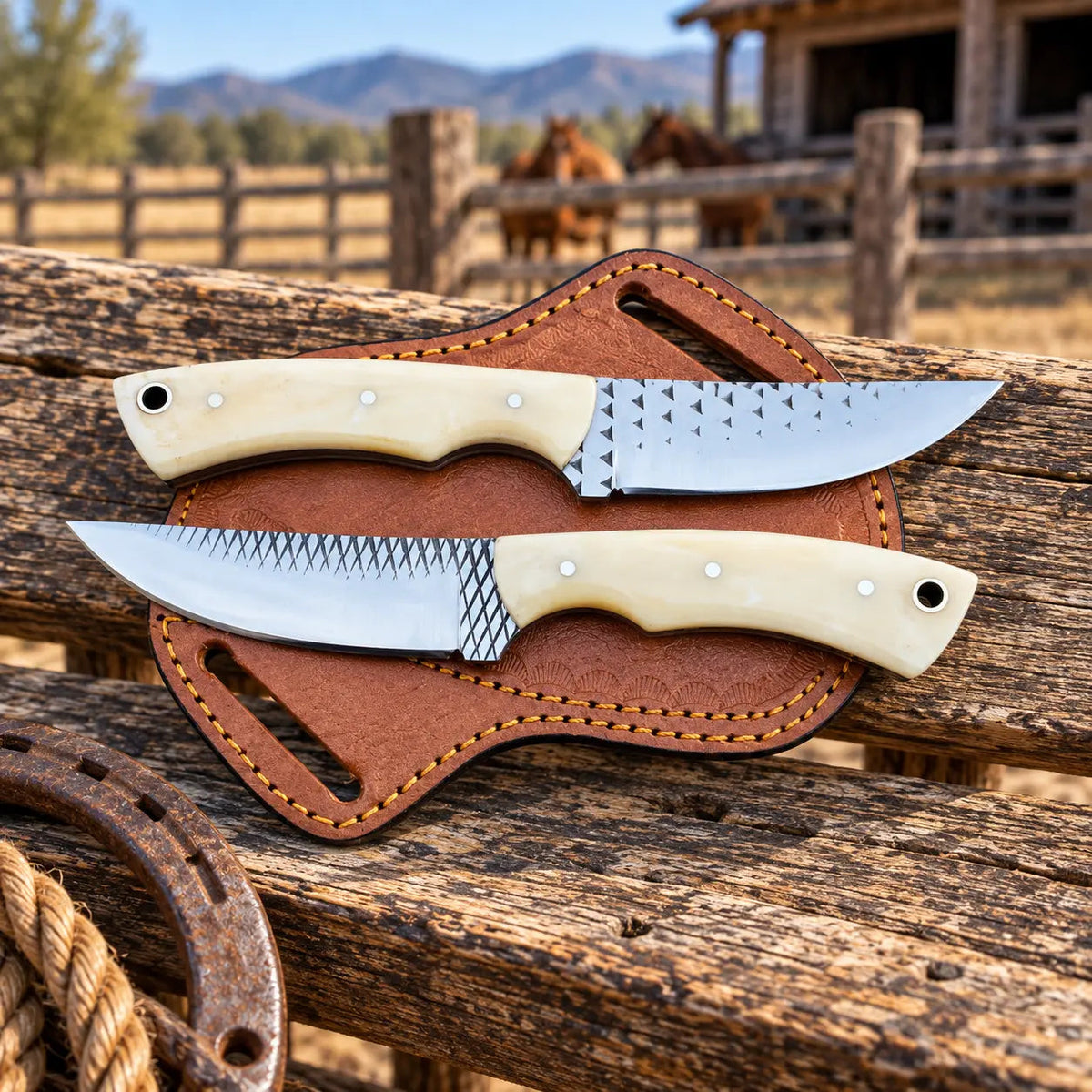 Bonehart Rasp Steel Skinner Knife – Bone Handle & Leather Sheath