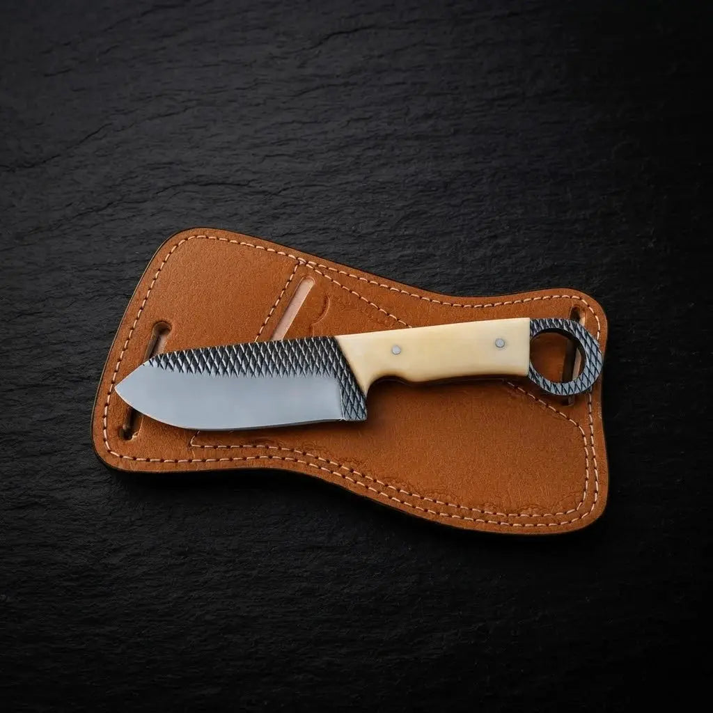 Bonehart rasp steel skinner knife with bone handle and cross-draw leather sheath