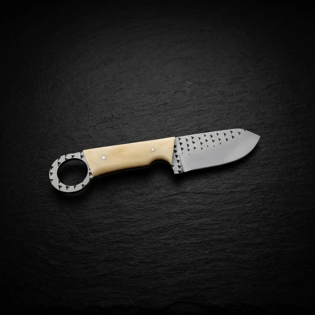 Bonehart skinner knife rasp steel blade close-up view