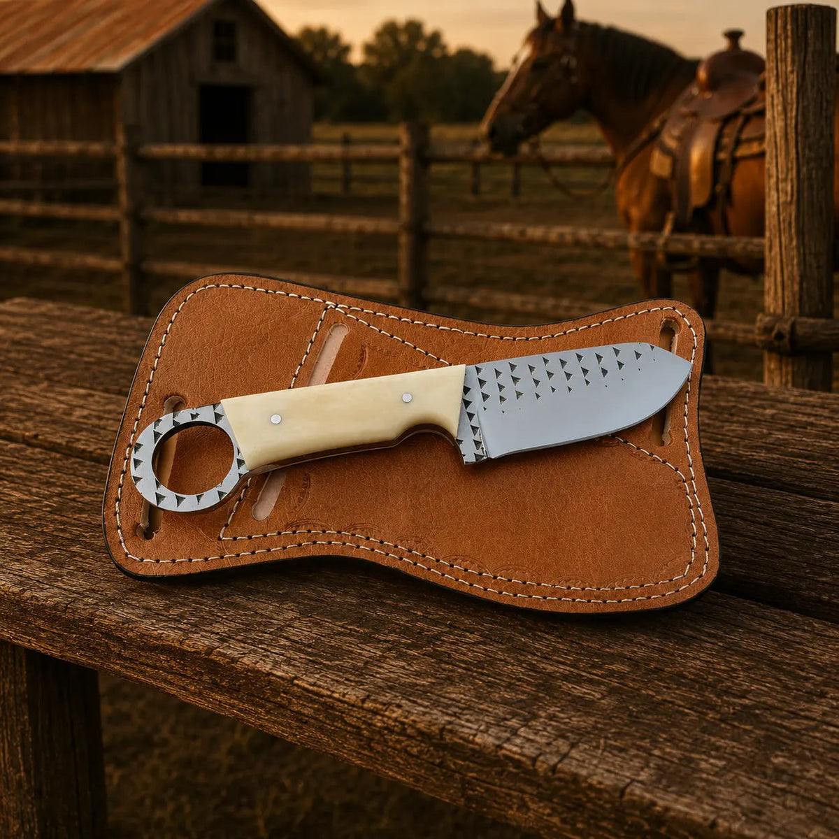 Bonehart Rasp Steel Skinner Knife – Bone Handle & Leather Sheath