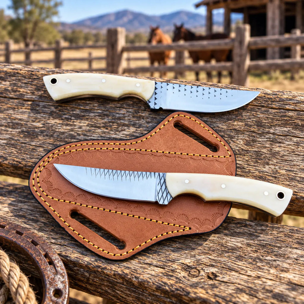 Bonehart Rasp Steel Skinner Knife – Bone Handle & Leather Sheath