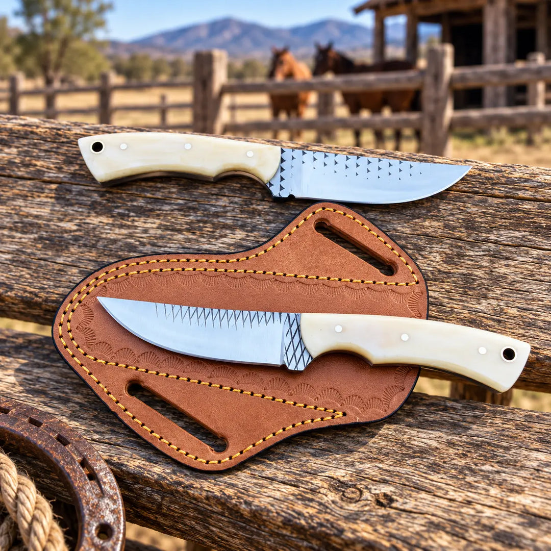 Bonehart Rasp Steel Skinner Knife – Bone Handle & Leather Sheath