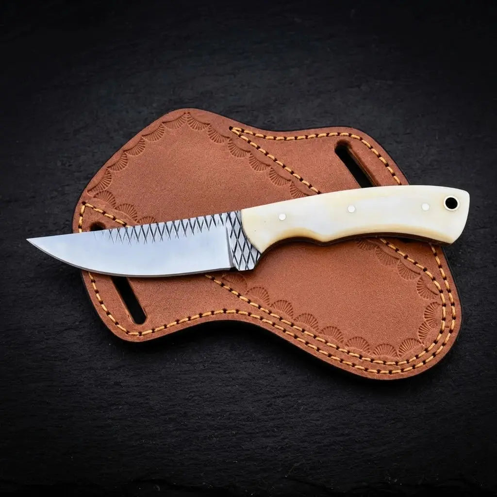Bonehart bone handle skinner knife with rasp steel blade