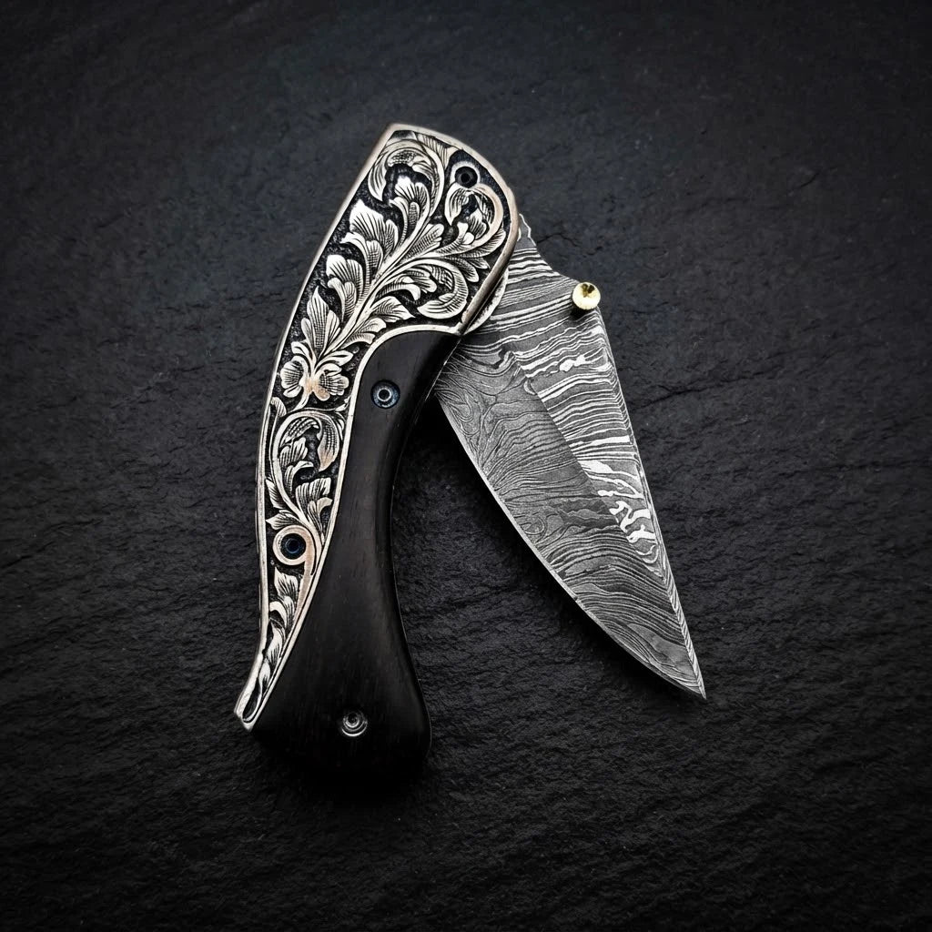 Buffalo horn folding pocket knife with genuine leather sheath