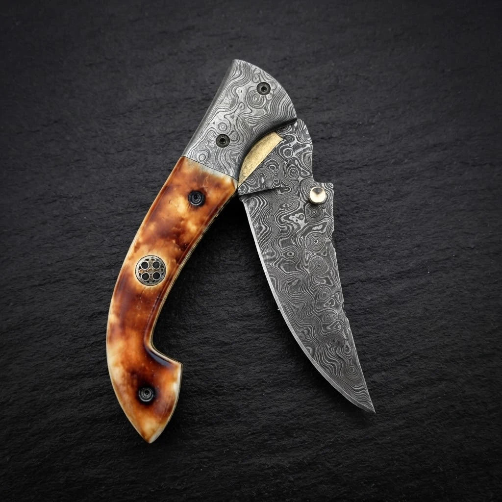Burnt camel bone folding pocket knife — mosaic pin and handle detail