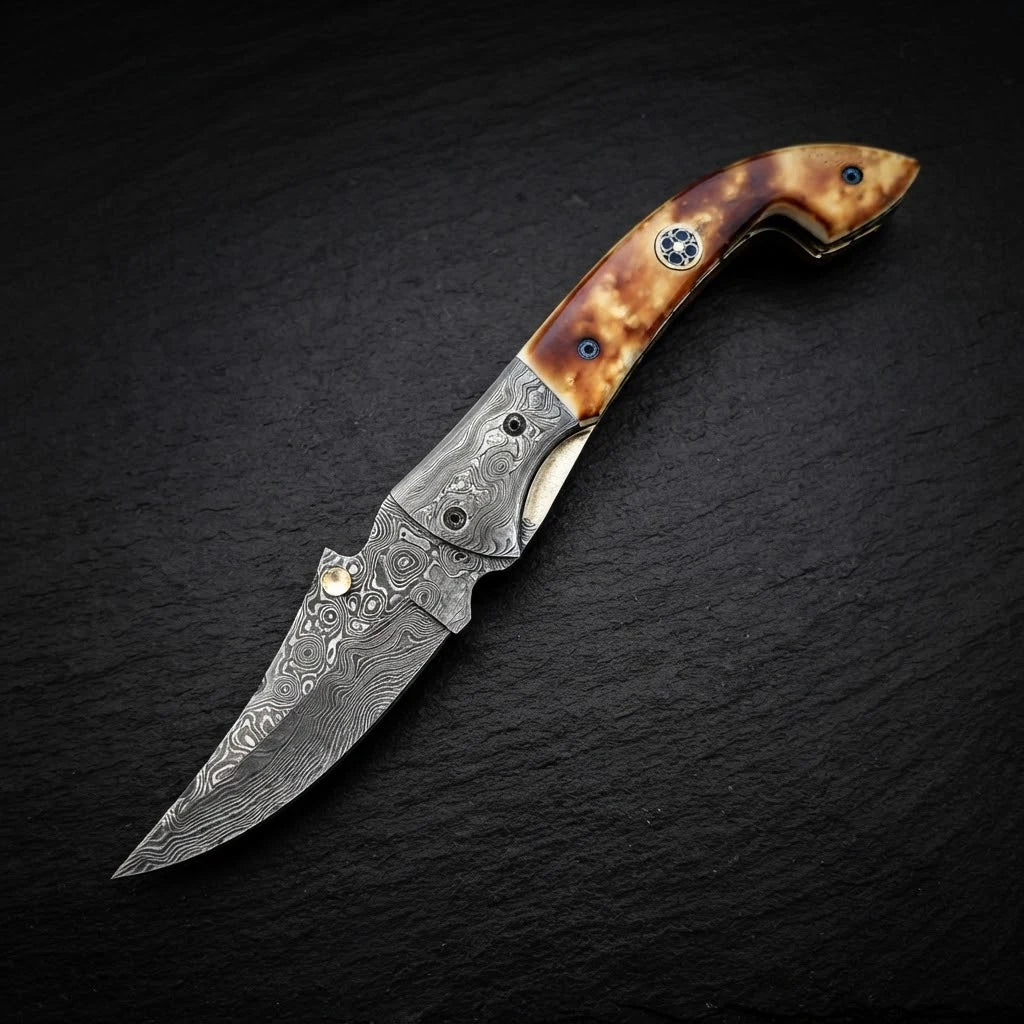 Burnt camel bone folding pocket knife with genuine leather sheath