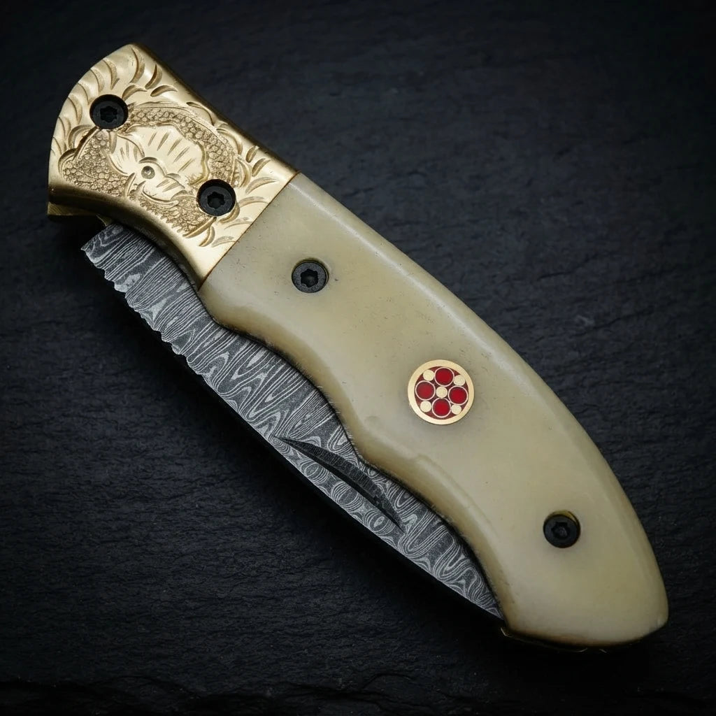 Damascus drop point folding knife with genuine leather sheath