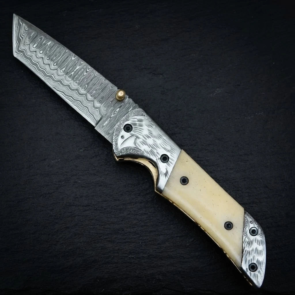 Hand forged Damascus tanto folding knife with camel bone handle