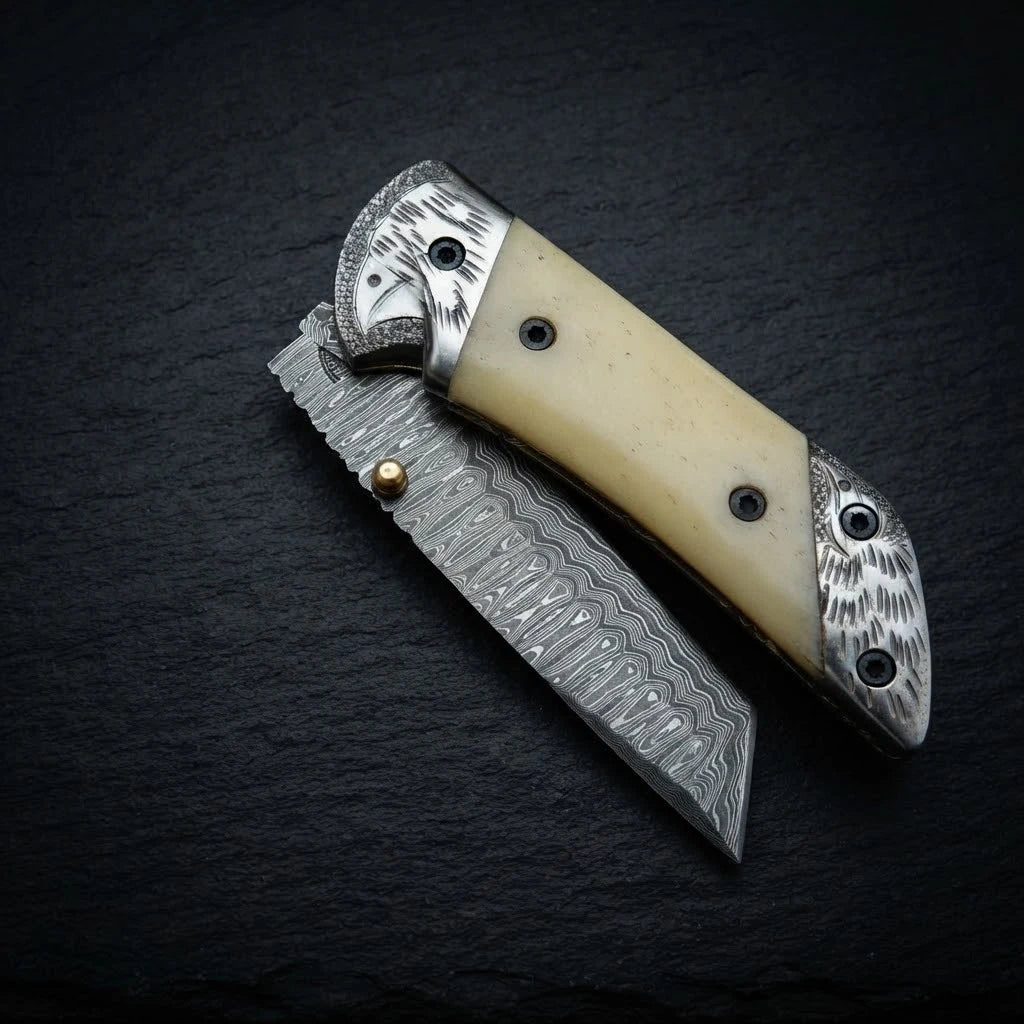 Damascus tanto folding knife — hand-engraved eagle steel bolster close-up