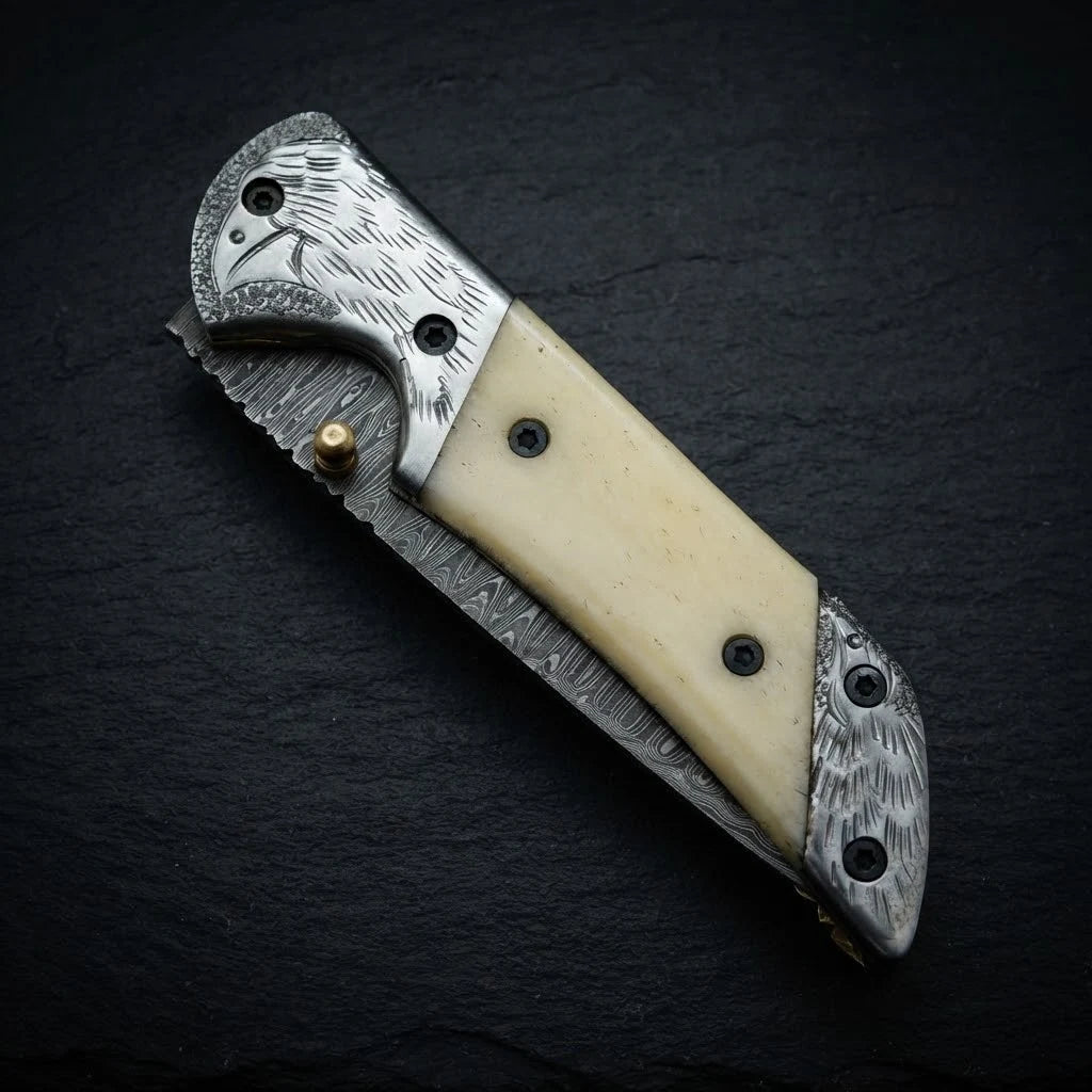 Damascus tanto folding knife folded closed