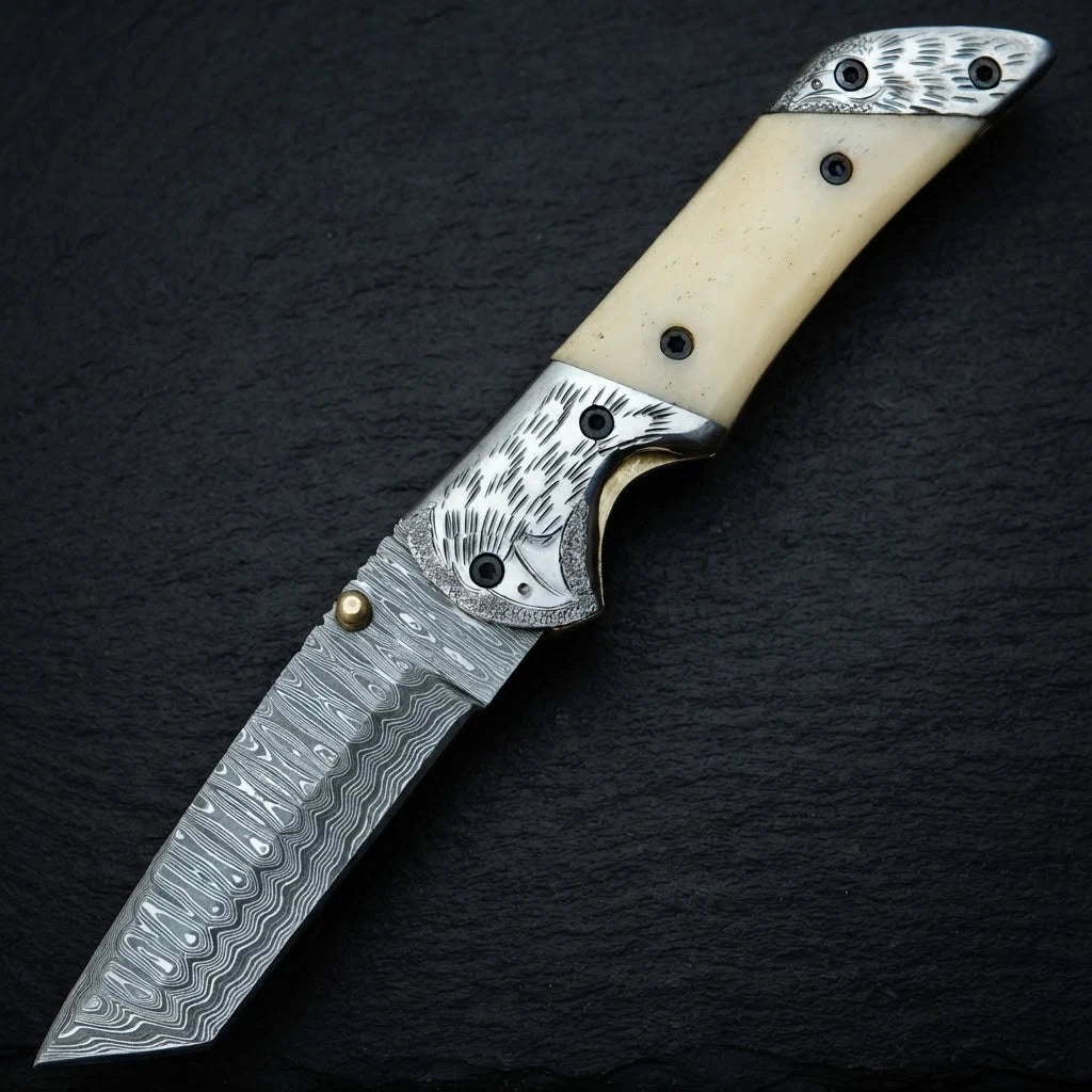 Damascus tanto folding knife with genuine leather sheath