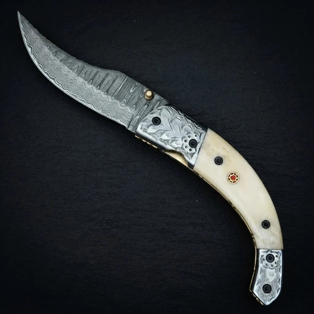 Damascus folding knife with genuine leather sheath