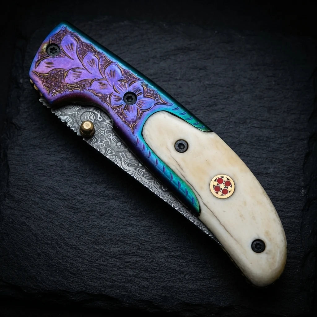 Damascus drop point folding knife — 156-layer blade pattern detail