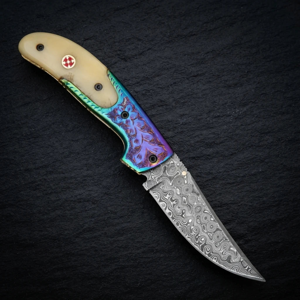 Damascus drop point folding knife folded closed