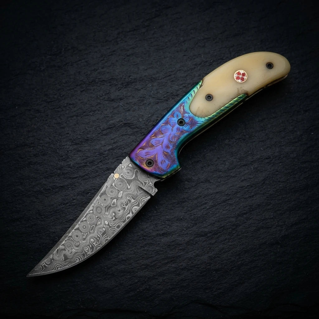 Damascus drop point folding knife with genuine leather sheath
