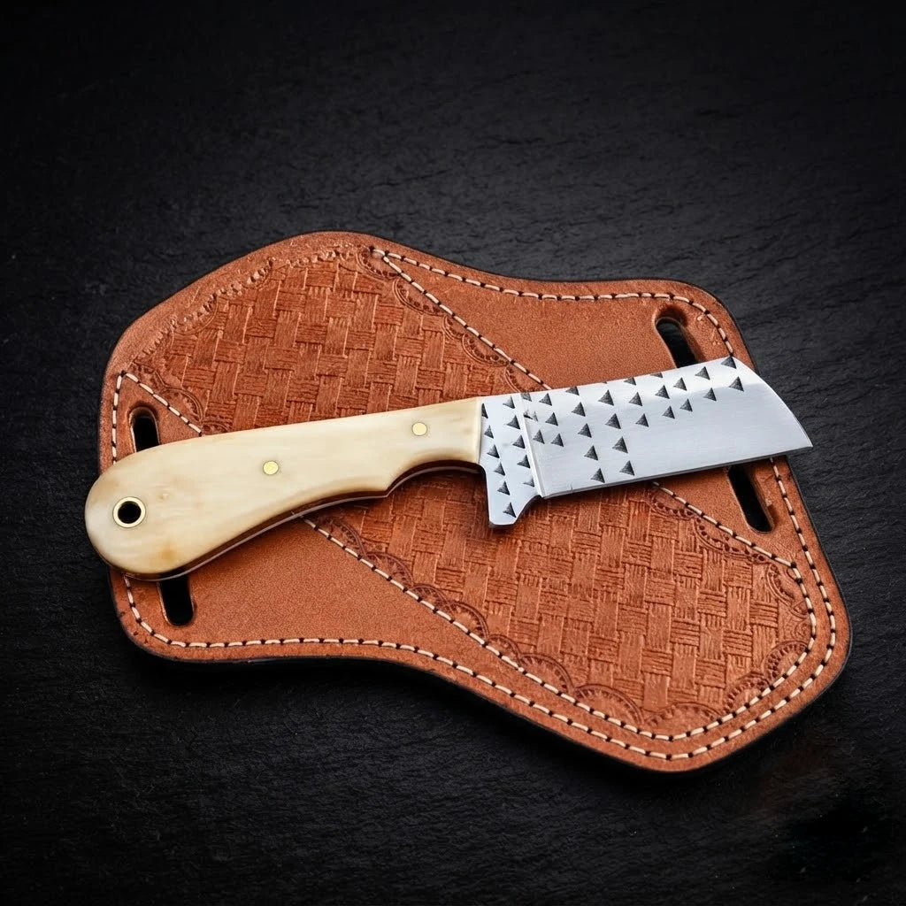 Camelridge rasp steel cowboy bull cutter knife with camel bone handle, full view