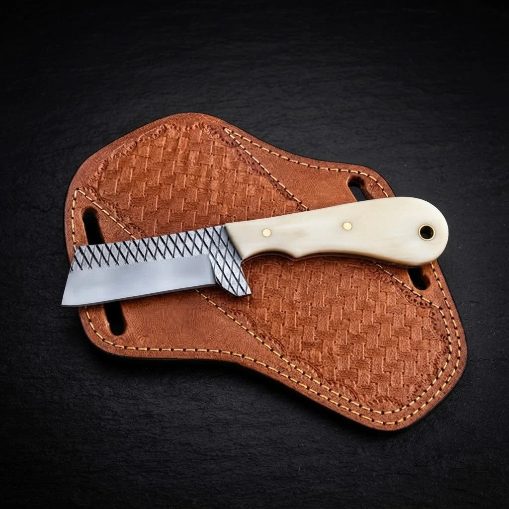 Close-up of the Camelridge camel bone handle and rasp steel blade