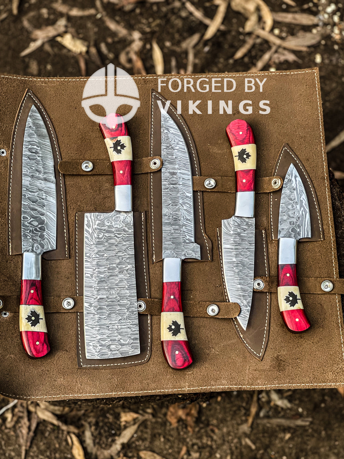 Canadian flag knife set, 5 hand-forged Damascus knives with red wood, bone and maple leaf handles