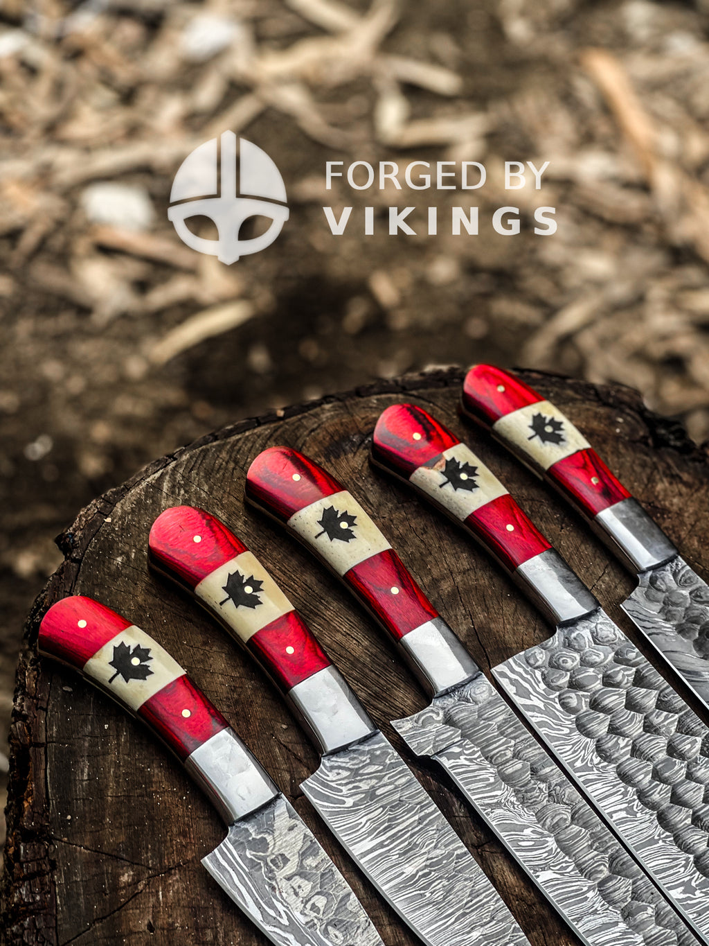 Maple leaf inlay on red wood and bone handle of Canadian flag chef knife