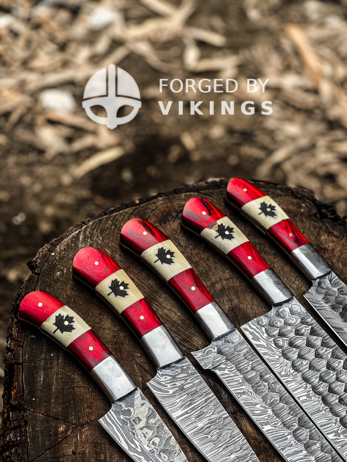 Maple leaf inlay on red wood and bone handle of Canadian flag chef knife