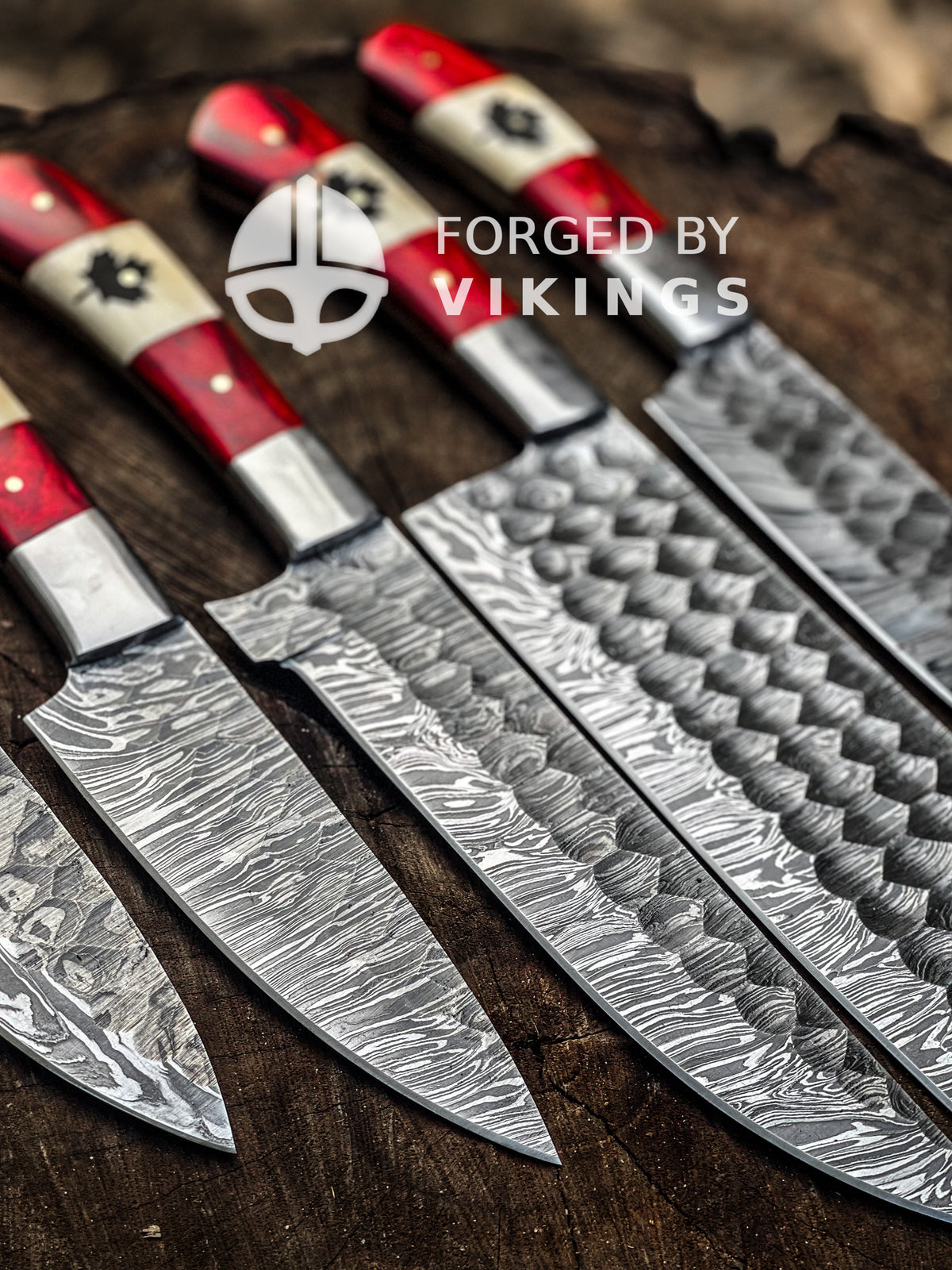Canadian flag Damascus knife set with leather roll bag and individual knife sleeves