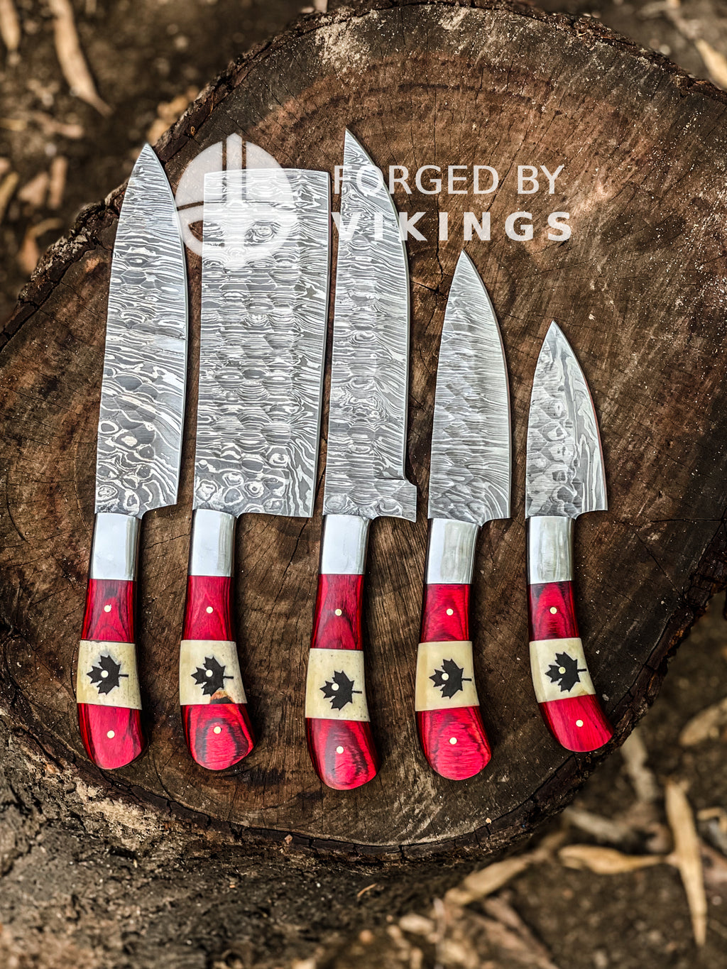 5-piece Canadian flag chef knife set in Damascus steel, Canada Day gift for chefs